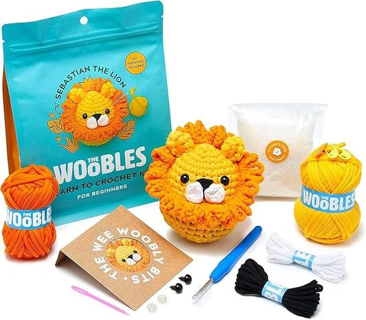 the woobles crochet kit for beginners - easy arts and crafts knitting & crochet animals kit as seen on shark tank - sebastian the lion