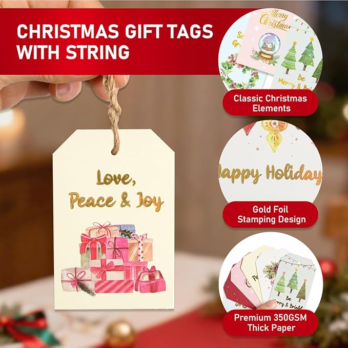 48 Pcs Christmas Gift Tags, Watercolor Christmas Hanging Tags Label Gold Foil with Hemp Rope Xmas Present Tag for DIY Xmas Holiday Present Wrapping Decorations, 6 Styles