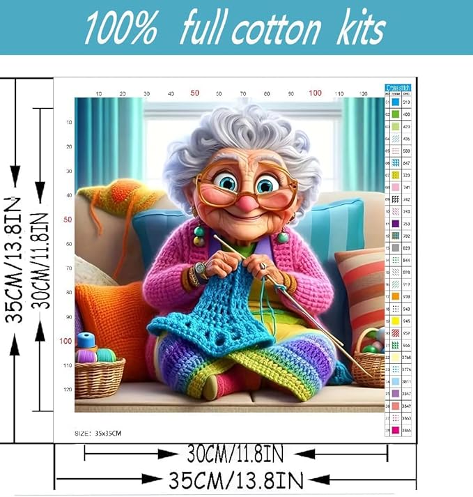 Grandmother Knitting Stamped Cross Stitch Kits for Beginners Adults, Dimensions Needlepoint Art Crafts,Counted Cross Stitch Kits Embroidery Kits for Beginners Adults for Home Decor 13.8X13.8inch