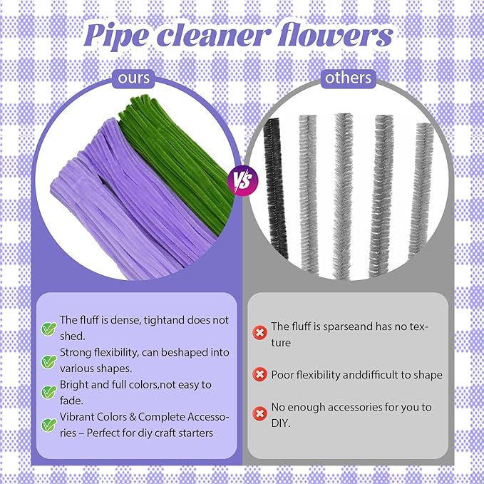 300 Pcs Purple and Green Thick Pipe Cleaners Craft Supplies for Floral Bonquet DIY Flower Making Kit for Starter with Floral Wires, Gardening Tape,Stamen Gift Wrapping Party Decor