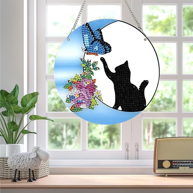 AiYuanzsh Diamond Painting Hanging Pendant Kit for Adults, Crystal Rhinestone Cat & Butterfly Diamond Art Suncatcher Ornament for Door, Wall, Window, Home Decor