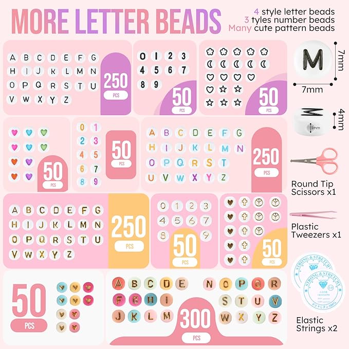 Pizooro Friendship Bracelet Kit, 28 Colors 5040 Pcs Clay Beads 1200 Pcs Letter Beads for Bracelets Making,4 Styles Round Alphabet,Number,Heart,Pattern Beads,Jewelry Craft Kits Gift
