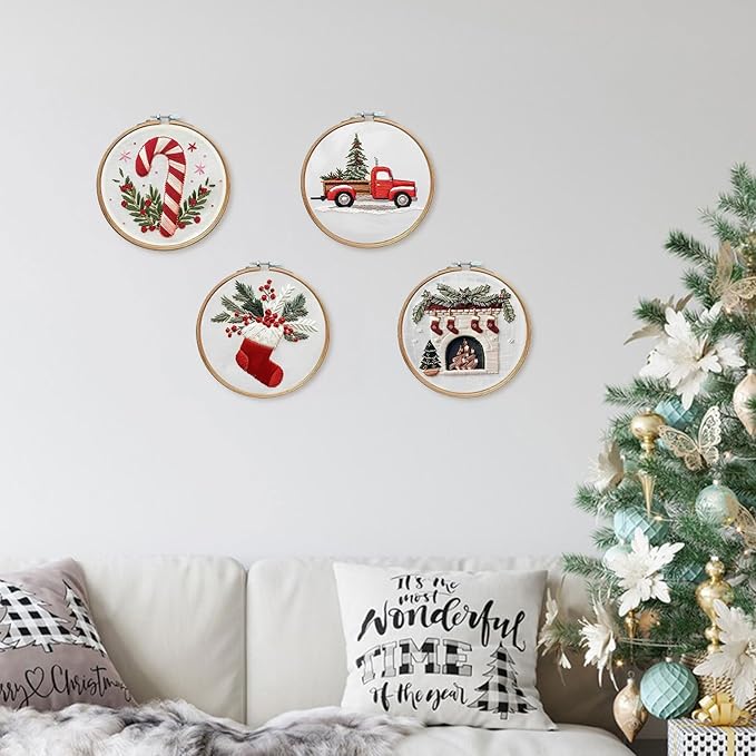LB Christmas Embroidery Kit for Adults, 4Pc Christmas Embroidery Kits for Beginners with Red Truck, DIY Hand Cross Stitch Kit Holiday Gifts Ornaments Decorations