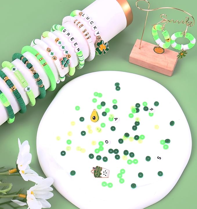 Wuollgess 3500 PCS Green Clay Beads for Bracelet Making Kit, Polymer Heishi Beads for Jewelry Making, Friendship Bracelet Kit for Adults, Spacer Letter Beads for Necklace Earring DIY