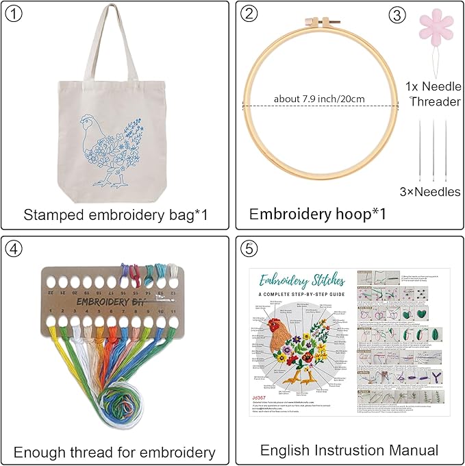 louise maelys embroidery kit canvas tote bag for beginners,cross stitch kits for adults,diy hen flowers pattern,women shopping reusable grocery bags