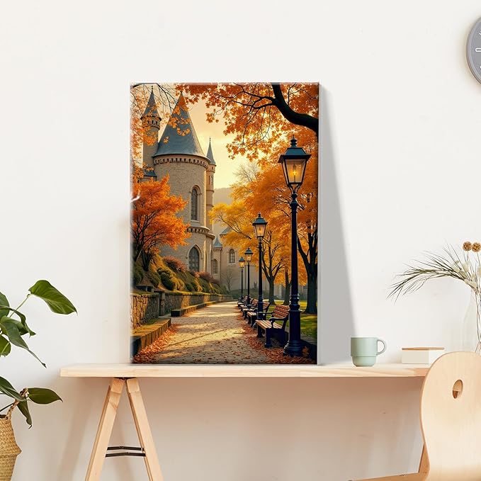 JOOZ Paint by Numbers Kit for Adults with Frame Autumn Landscape Paint by Number with Easel Castle Adult Paint by Number Kits Framed Canvas Fall Leaves Oil Painting Kits for Home Wall Decor 8x12 Inch