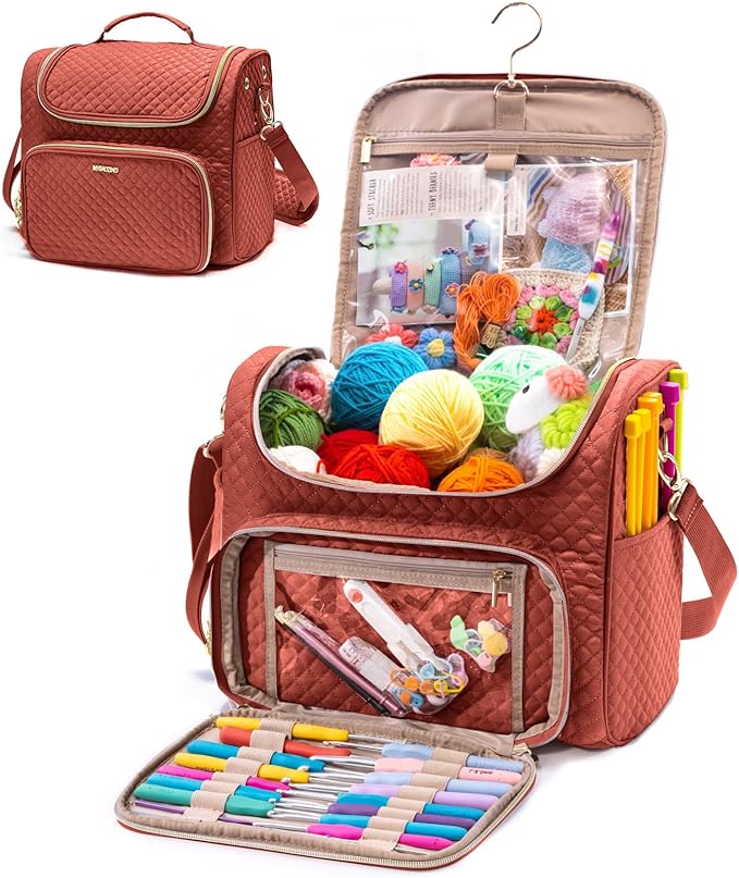 Crochet Bag Organizer, Quilted Storage Bag with Hanging Hook, Yarn Holder for Knitting & Crochet Accessories, Mother's Day Gift