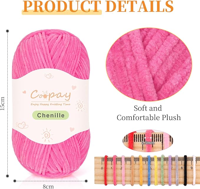 Coopay Skinny Chenille Yarn for Crocheting and Knitting, 12 Pack of 50g/1.76oz-1764yd Total, Soft Velvet Yarn of Baby Weights-Suitable for Baby Blankets, Plush Toys-Super Soft (Light Pink Gradient)