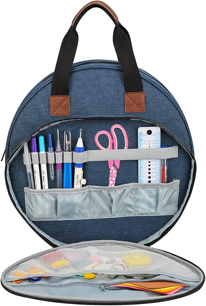Shinyzone Cross Stitch Storage Bag Blue,Embroidery Projects Bag,Sewing Crafts Storage Tote Bag,Knitting Bags with Zipper Pockets Organiser for Embroidery Hoops,Charts and Threads