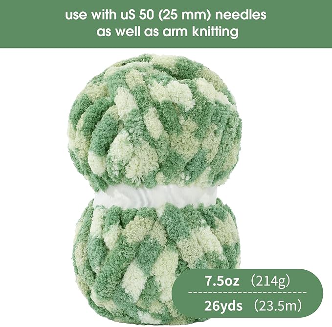 HOMBYS Chunky Tie Dye Mix Chenille Yarn for Hand Knitting, Super Bulky Jumbo Yarn for Crocheting, 3/4" Thick Soft Plush Yarn for Blankets, 8 Skein Pack (26 yds / 7.5 oz Each) Green