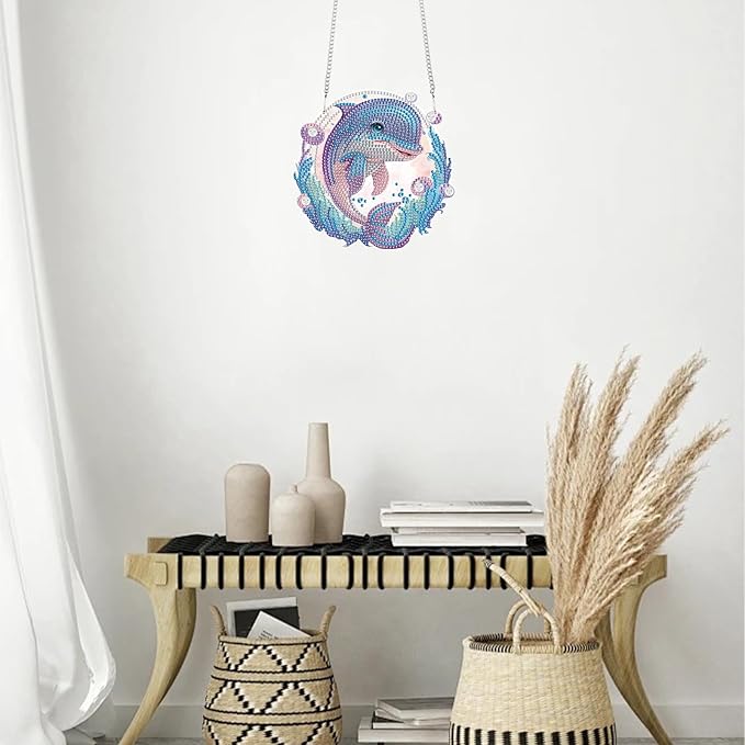 TDFERAN Diamond Painting Pendant Dolphin Mosaic Making Kits by Kits Home Decoration Pendant Diamond Peinture Hanging Diamant Painting Suncatcher Art Wind Chimes Hanging Pendants for Wall Home Decor