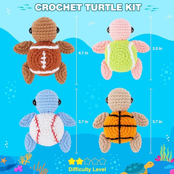 Fortuning's JDS Crochet Kit for Beginners -4 PCS Turtle Crochet Kit with Step-by-Step Video Tutorials, Beginner Crochet Kits for Adults, Animal Crochet Turtle Ball Games Set