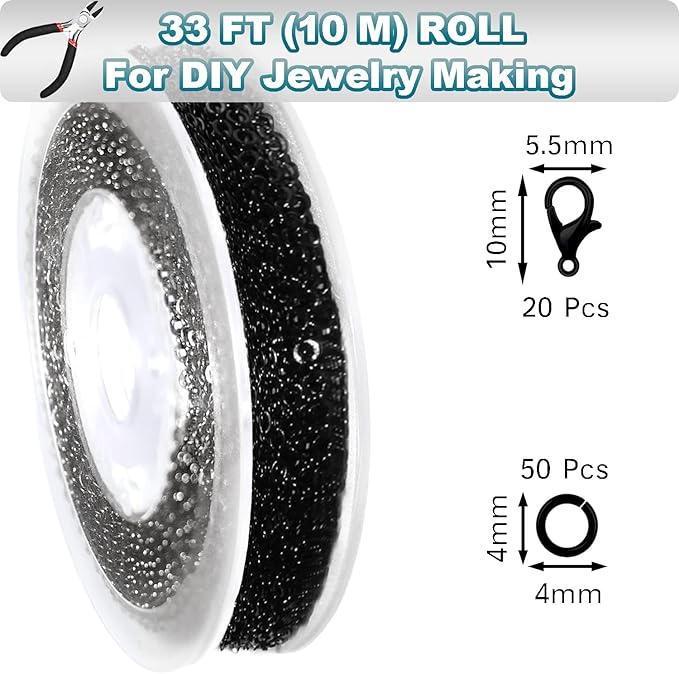 jishi 33ft link cable chain roll 2mm, black chain for jewelry making necklace earring bracelet diy craft jewelry making findings supplies, black plated iron metal rolo necklace chain spool set