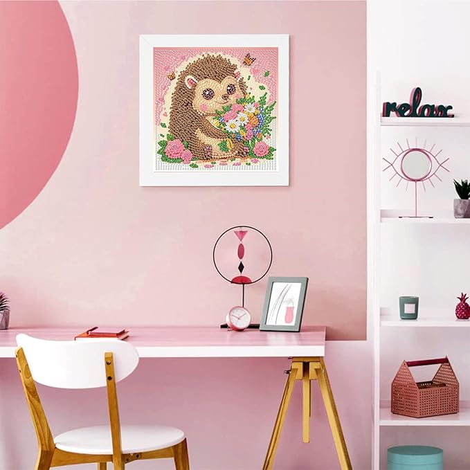Hedgehog Diamond Art Painting Kits for Kids with Frame, Animal Diamond Art for Kids Ages 4-8-12 with Frame, Easy Small Cute Gem Painting Kit for Gift Home Wall Decoration (7x7 inch)