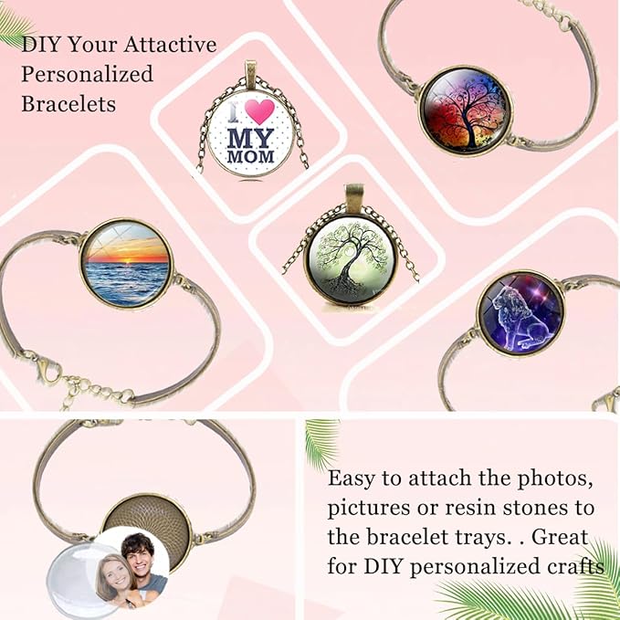 Pendant Trays Kit with Cabochon Glass, Round Pendant Bezel Blank Trays, Bracelet Bangles Earrings Hooks Blanks for DIY Photo Crafts Jewelry Making