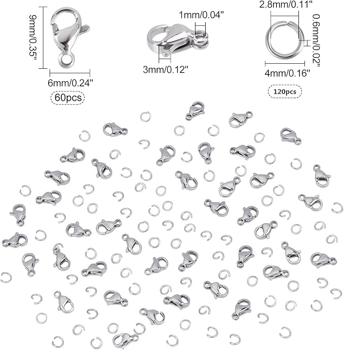 PH PandaHall 60pcs 304 Stainless Steel Lobster Clasps with 120pcs 4mm Open Jump Rings Jewelry Clasp Connector Bracelet Clips Closures for Earring Bracelet Necklace Pendants Waist Chain DIY Craft