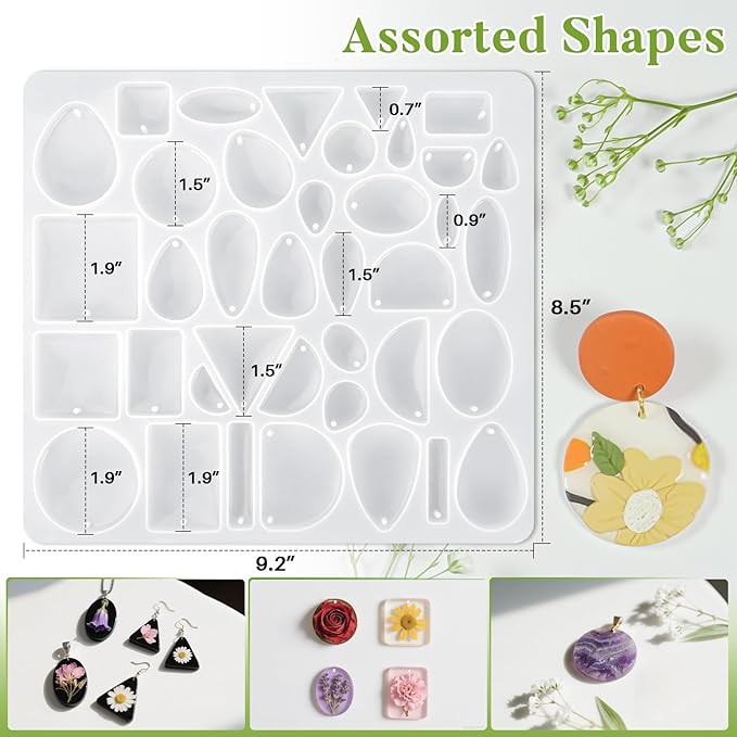 Resin Jewelry Molds - Silicone Molds for Epoxy Resin, Reusable Casting Tray with Hole, Resin Mold for DIY Jewelry, Pendant, Earring, Necklace, Bookmark, Keychain Making Kit, Assorted Shapes