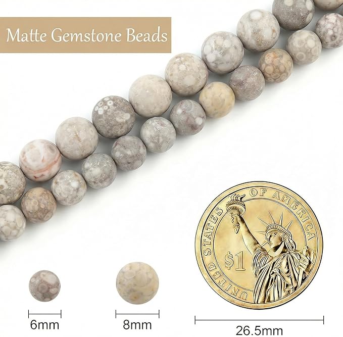 Stone Beads, 45pcs Matte Flowery Cowry Fossil, 8mm Round Loose Beads for Jewelry Making, Bracelets, with Bag, String & Card