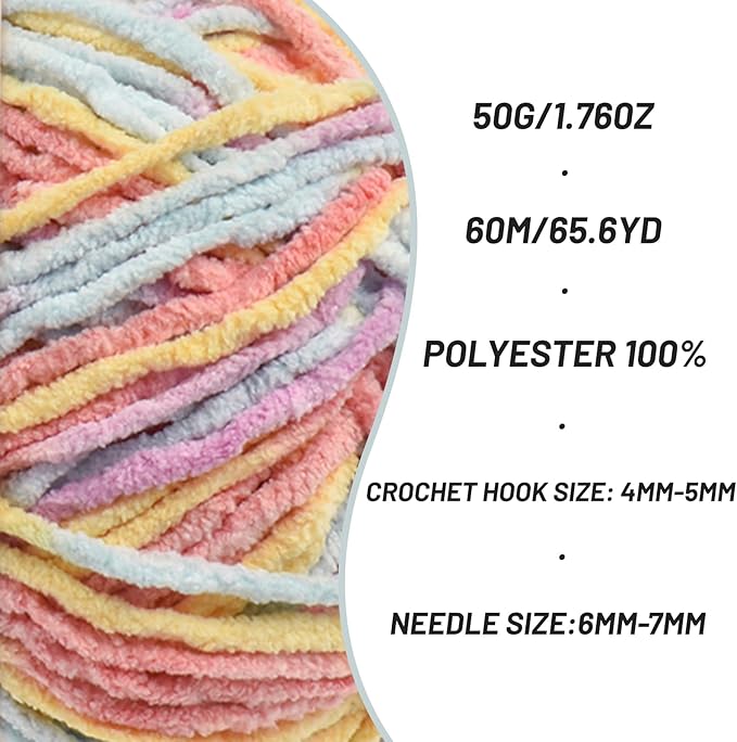2 Packs Plush Chenille Chunky Crochet Yarn - Baby Yarn for Crocheting Soft - Velvet Yarns Knitting for Blankets Crafts - Fluffy Amigurumi Yarns 100g/131yds (2 Macaron)