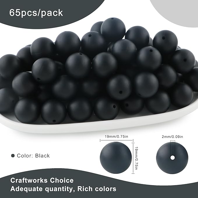 65Pcs 19mm Silicone Beads for Keychain Making Bracelet Necklace, Bulk Round Silicone Beads for Pens（Black）