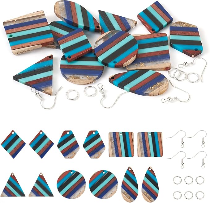 Beadthoven 52pcs Boho Wood Women Earring Making Kit, Striped Resin Wood Earrings Charms Pendants Natural Wood Cutouts Pieces Wooden Earring Blanks with Earring Hooks for DIY Jewelry Making Crafts
