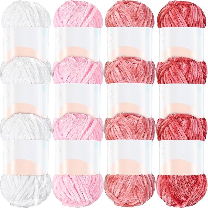 Xinnun 12 Skeins 1116 Yards Chenille Velvet Soft Thick Plush Yarn Bulk for Crocheting Knitting Blanket DIY Weaving Craft, 6mm, 3.5 Oz/Skein(Pink Series)