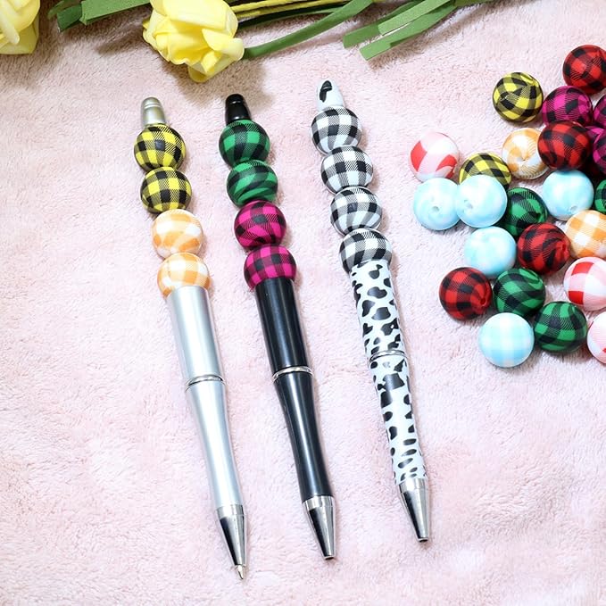 48Pcs 15mm Plaid Silicone Beads Bulk Flower Focal Silicone Beads for Keychain Making Necklace Jewelry DIY Bracelet Making Kit