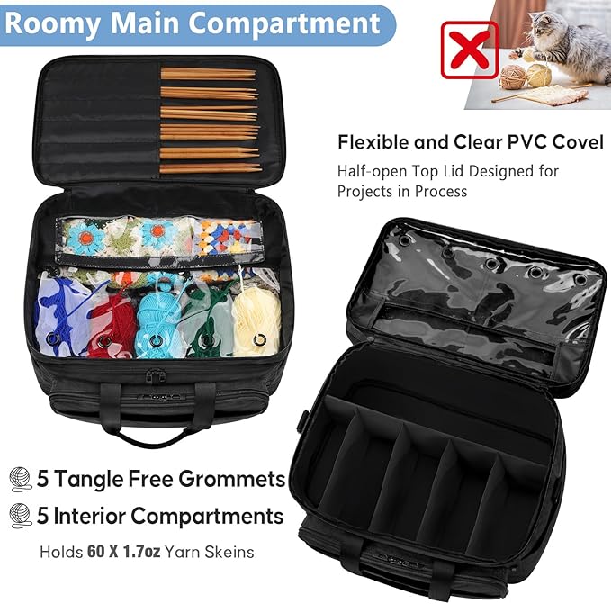 IBFUN 3PCS Crochet Bag with Wrist Yarn Holder, Large Yarn Storage Tote Waterproof Knitting Bag Organizer with Adjustable Strap for Hooks, Needles (Up to 14"), Accessories, Crochet Lovers, Tangle-Free