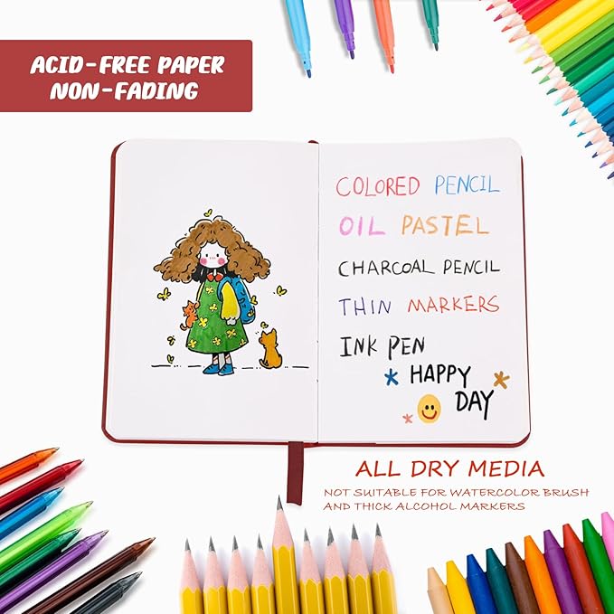 Mix Media Pad,3.5"x5.5" Small Hardcover Leather Art Sketchbook,60 Sheets(112lb/180gsm) Heavyweight Acid Free Artistic Painting Drawing Sketching Paper, Handy Pocket Journal Sketchbook.Wine Red