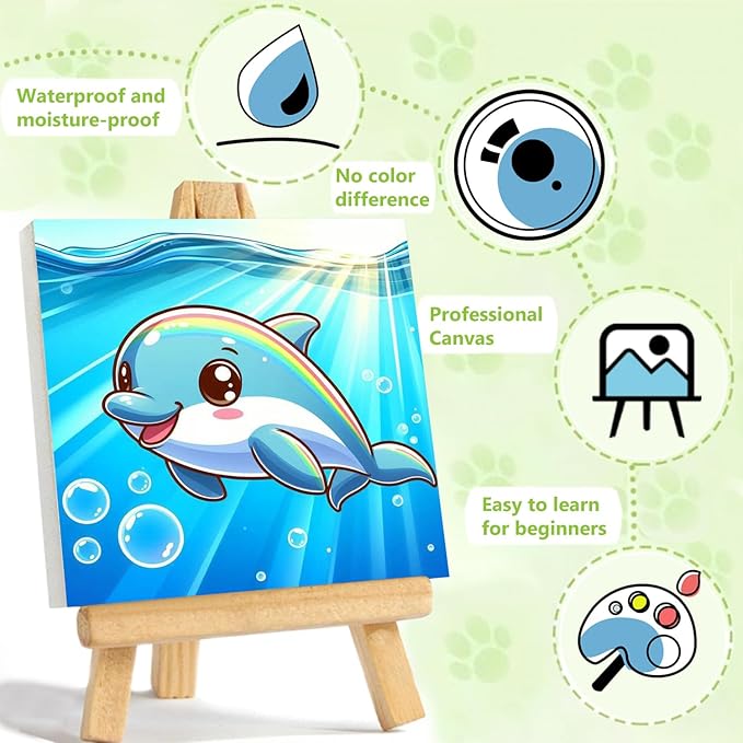 Reivworl Paint by Numbers Kit for Kids with Frame and Easel, Dolphin Paint by Number for Kids Age 6-8-12, Acrylic Paint by Numbers for Gifts and Home Decor (8X8inch)