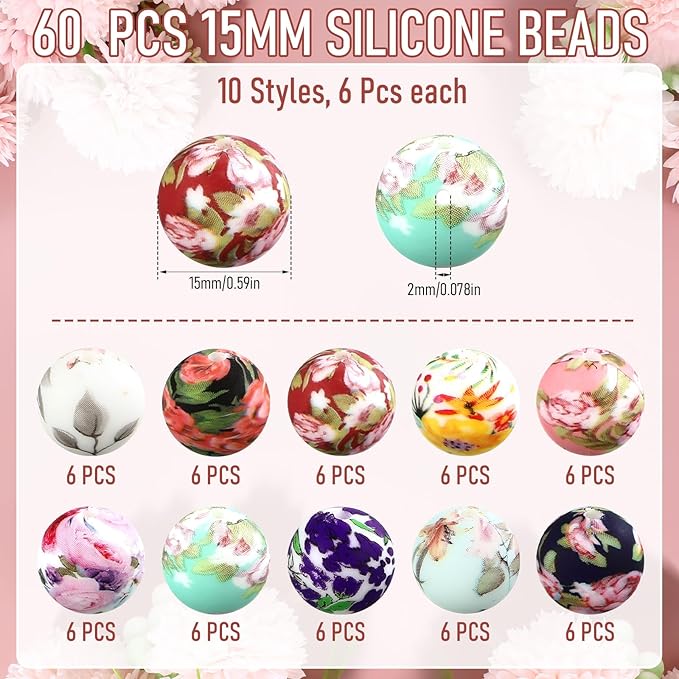 Ferreve 60 Pcs 15mm Silicone Beads Bulk Spring Flower Print Round Focal Beads Rubber DIY Silicone Loose Bead for Bracelet Making Kit for Keychain Pens Necklace Bracelets Jewelry Making