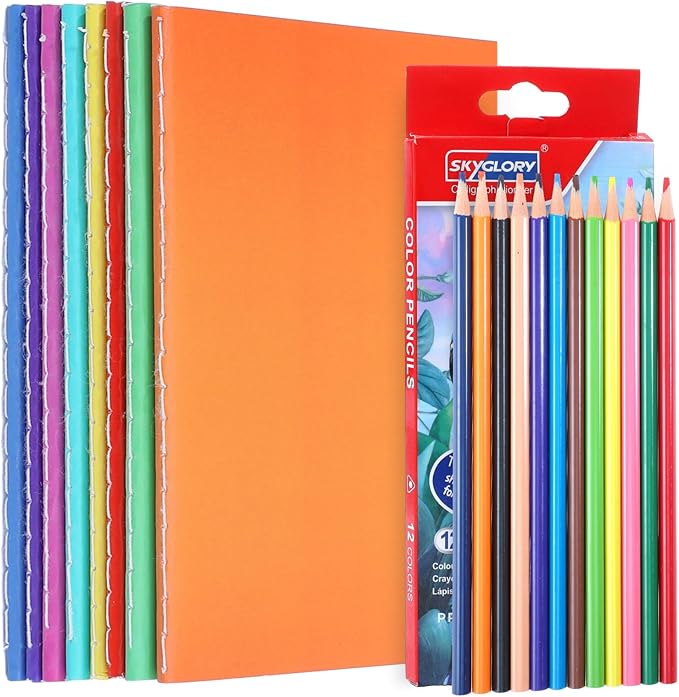 Prudiut 8 Pack Blank Books for Artist with 12 Colored Pencils, A6 Theme Sketchbook Set, 4.1x5.5 inch Mini Journals for Writing Stories, Bulk Notebooks Gifts
