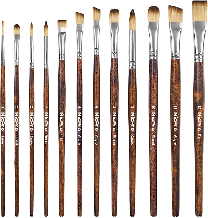 Nicpro 12PCS Artist Paint Brush Set, Craft Paint Brushes for Acrylic Painting, Oil, Watercolor, Gouache, Tempera, Face, Body, Fabric, Model, Art Supplies Paintbrushes for Artists Beginners (Wood)