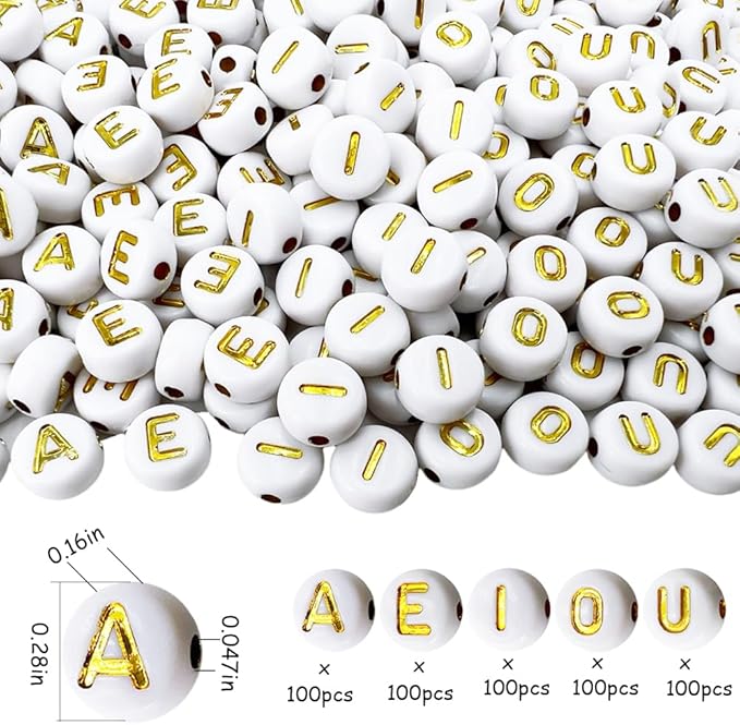 MIIIM 1000pcs Vowel Pony Letter Beads for Keychains Making (A, E, I, O, U), 4x7mm Round Letter Beads for Bracelets Making, Alphabets, Numbers (White and Golden)