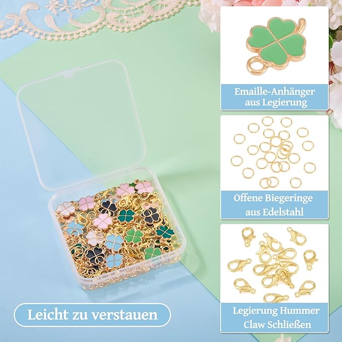 Cheriswelry St. Patrick's Day Craft Supplies Green Clover Four Leaf Pendants Shamrock Enamel Charms with Alloy Lobster Clasp Jump Rings 18x12x2mm for DIY Bracelet Necklace Earring 260Pcs/Set