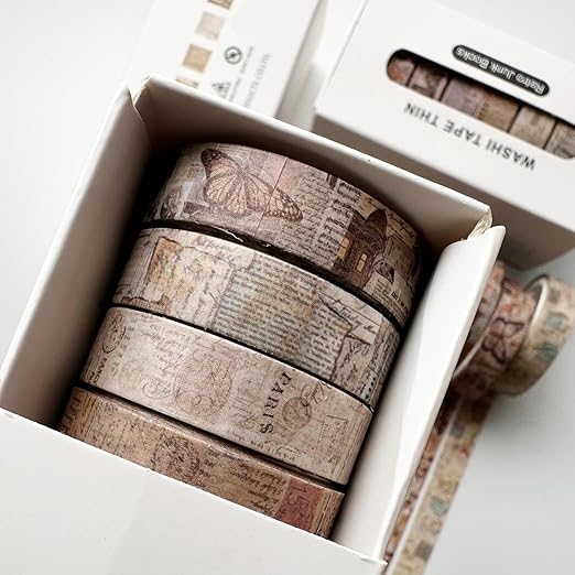 YUBX Vintage Washi Tape Set 8 Rolls Thin Retro Decorative Antique Patterns Masking Tapes for Arts, DIY Crafts, Journals, Planners, Scrapbook, Wrapping (Junk Books)