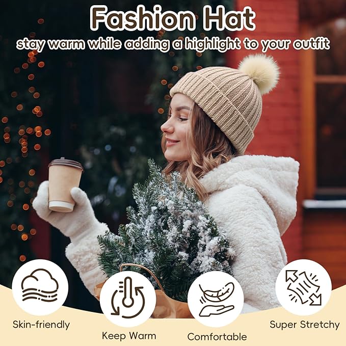 GliCraft Knitting Kits for Beginners Adults Hat Knit Kit with Yarn, Knitting Needles, Faux Pom, Scissors, Measuring Tape Practical and Easy to Use Complete Beginners for Women Men Present (Beige)