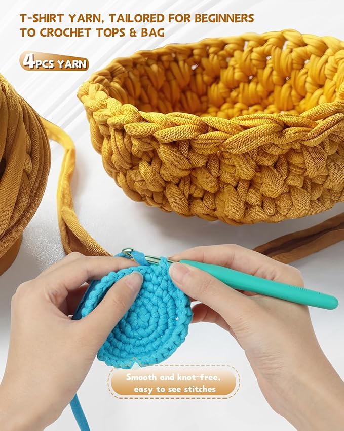 Katech 130 Yards T-Shirt Crochet Fabric for DIY Projects, 400g Spaghetti Yarn, Easy for Beginners (Turmeric)