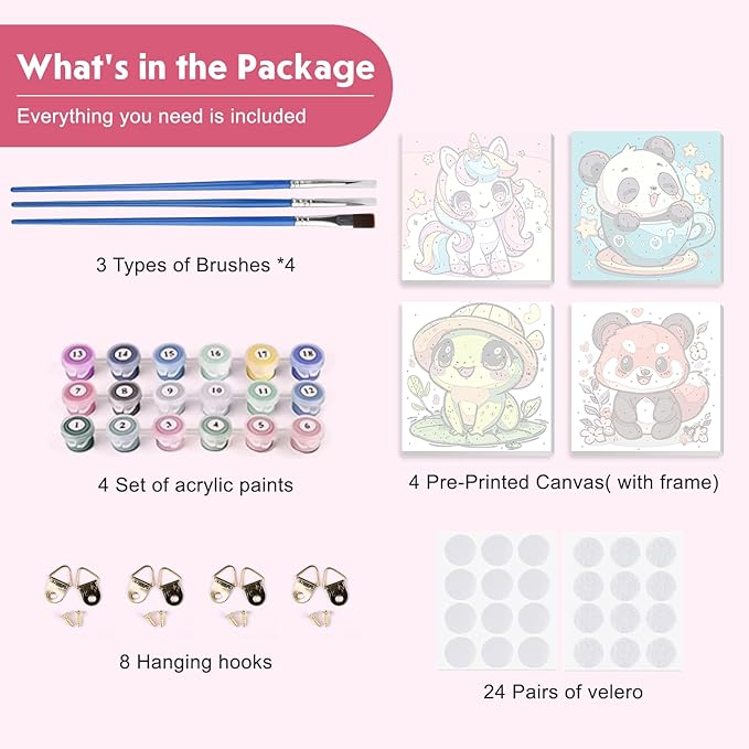 4 Pack Paint by Numbers for Kids with Wooden Framed, Cute Cartoon Unicorn, Panda, Frog, Paint by Number Kits on Canvas for Beginner, Acrylic Oil Painting Kits for Home Decor 8x8 inch, Kawaii Animals
