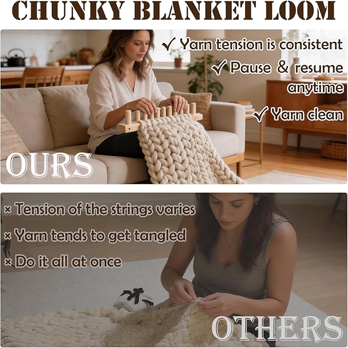 Lewhoo 55’ Chunky Knitting Blanket Loom Kit,Thick Nature Wooden Loom Frame for Beginners,3 Pack DIY Throw Blankets Knitting Tool for Hand
