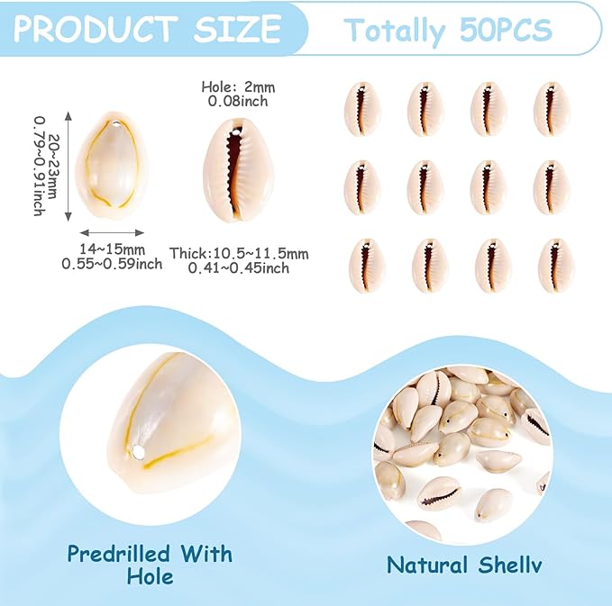 Cheriswelry 50Pcs Natural Spiral Shell Beads White Sea Shells Beach Spacer Beads Cowrie Shell Loose Bead 20-23mm for DIY Summer Earring Bracelet Necklace Jewelry Making 2mm Hole