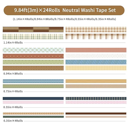 Neutral Washi Tape Set 24 Rolls,Decorative Masking Tape for Junk Journal, Scrapbooking Supplies, DIY Crafting Supplies