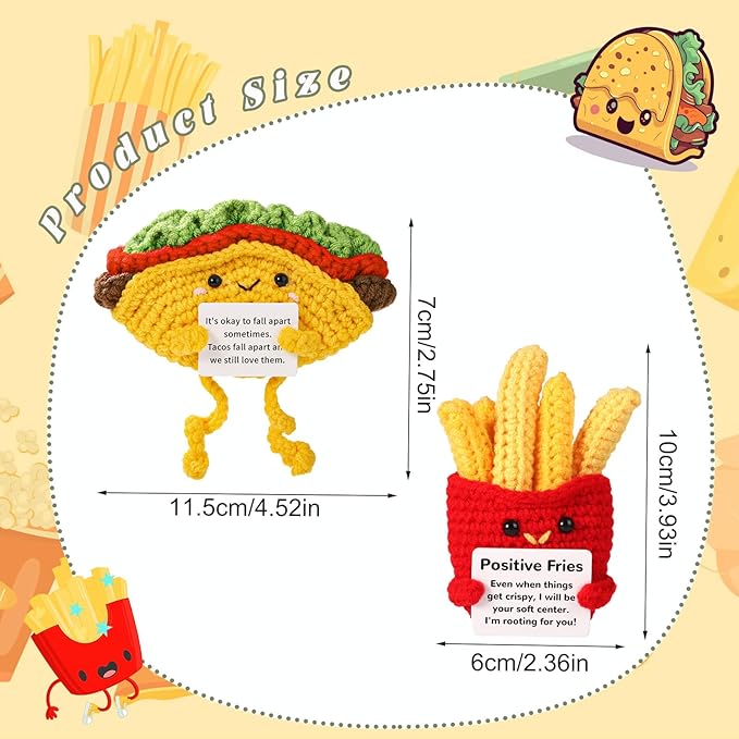 TOYMIS French Fries and Taco, Positive Knitting Food Doll Set Support Plush for Couple Friend Encouraging Toys Gift