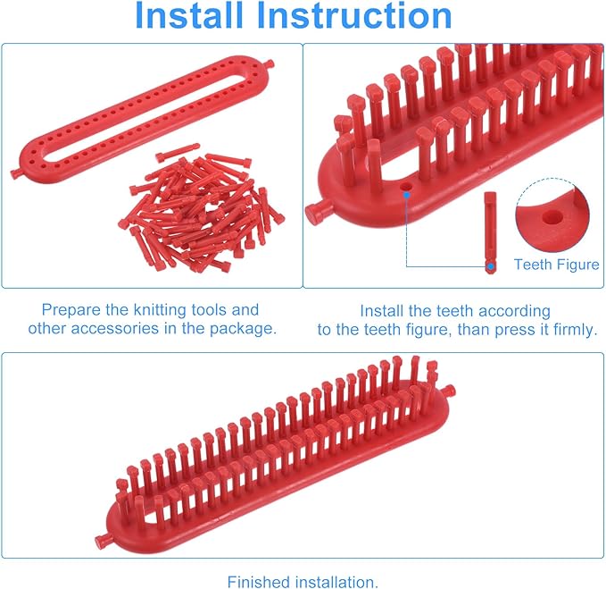 PATIKIL 52 Hooks 26cm Knitting Loom Machines Kit, Dense Teeth Darning Weave Tool with Accessories for Scarf Sweater Shawl Blankets Mending Weaving Stitching, Red