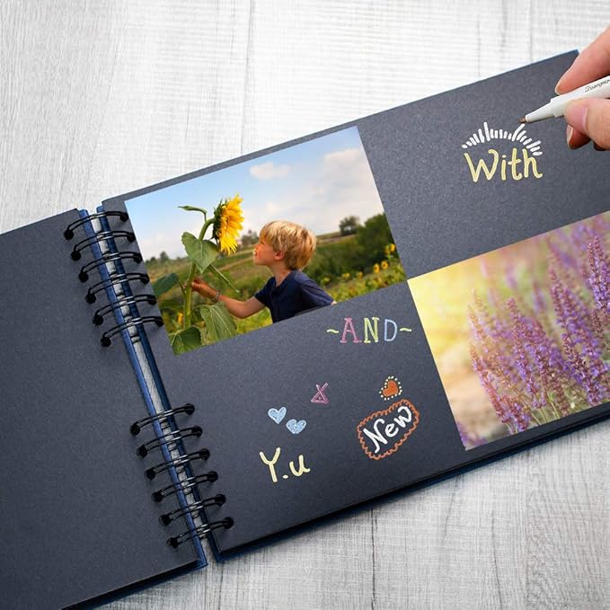 EVNEED Scrapbook Photo Album DIY Scrap Book Black Pages for Wedding Guest Book Anniversary Valentines Day Gifts with 15 Marker Paint Pens,80 Pages,Blue (40 Sheets)