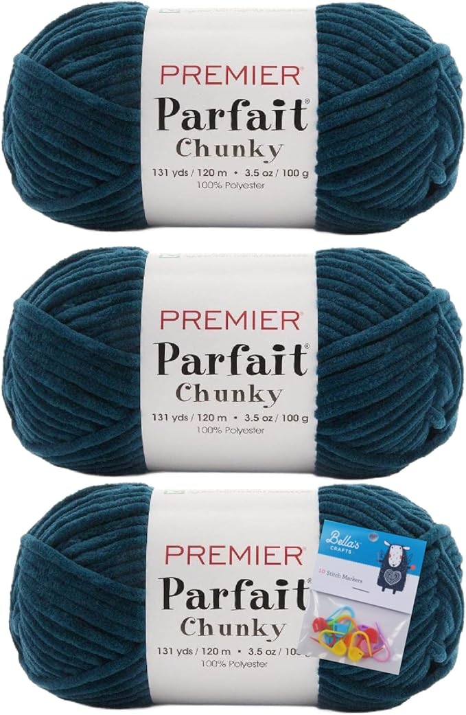 Premier Yarns Parfait Chunky Chenille Yarn 3.5 Oz 6 Super Bulky Weight 3 Pack Bundle with Bella's Stitch Place Holders (Sundown)