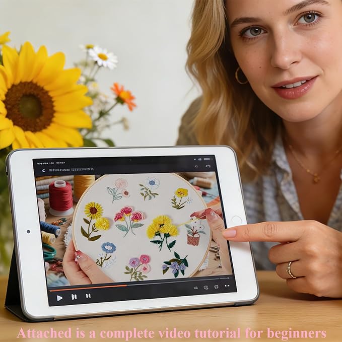 Embroidery Kit for Beginners Adults, Cute Flowers Embroidery Starter Kits, Floral Stamped Cross Stitch Kits for Beginner Adults Craft Kits for Women, Entire Set of Embroidery Supplies & Video Tutorial