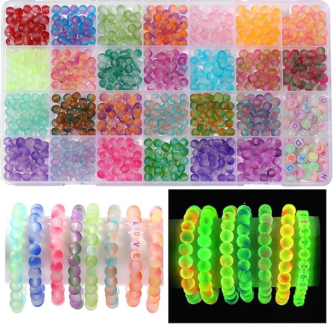 Glow in The Dark Glass Beads for Bracelet Making, 850pcs 6mm 26 Color Crystal Gem Beads Round with Luminous Numbers&Letters Craft Beads for Bracelets Necklaces Earring Making Kit Party Decor