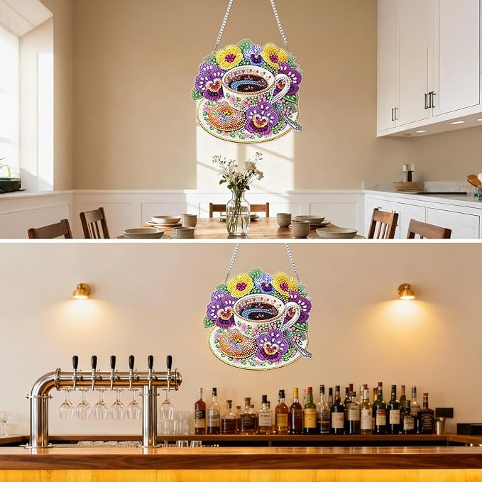 MXJSUA Pansies Flowers Coffee Diamond Painting Art Window Suncatchers, Diamond Art Kits for Adults Hanging Ornaments with Chain, 5D Special Shape Crystal Diamond Pendant Accessories for Decor Gift