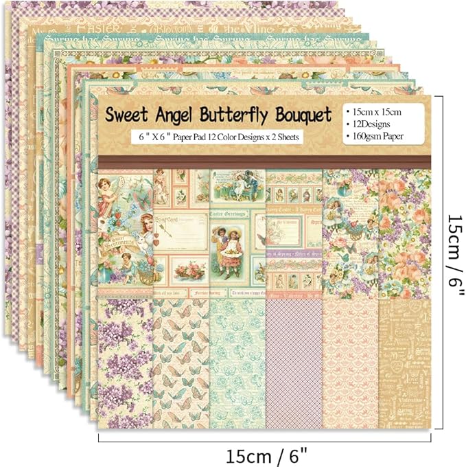 6x6” 160gsm cardstock Single Sided Scrapbooking 24 Papers Pad vintage decoupage scrapbook kit patterned paper junk journal supplies journaling supply scrap paper crafting Angel